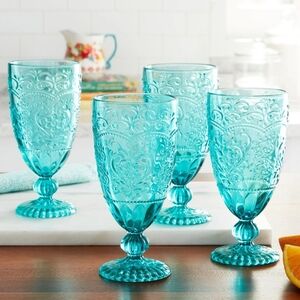 ❤️ The Pioneer Woman Amelia Teal Embossed Glass 14.7o Goblets Set Of 4